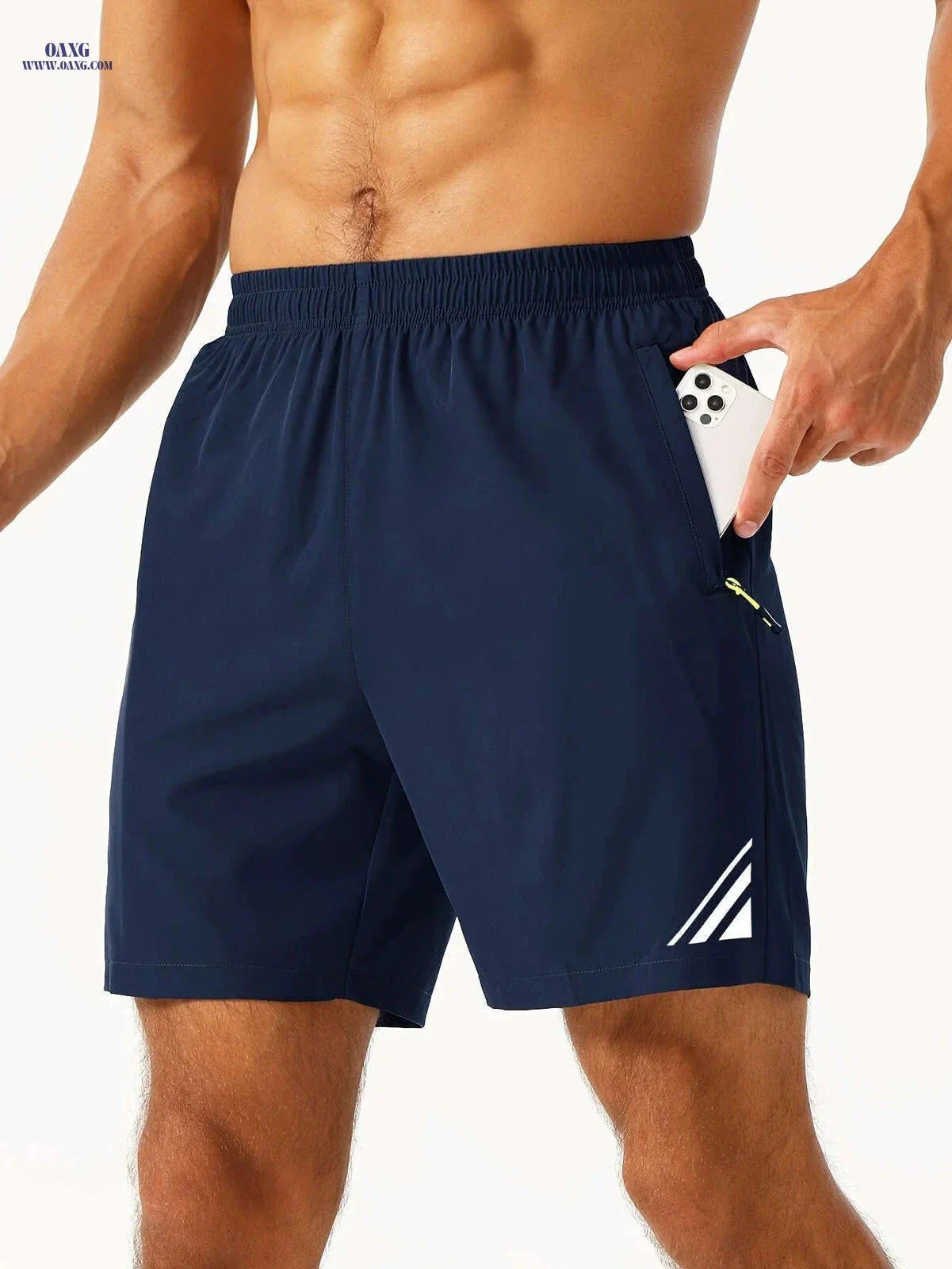 Men's Stylish Striped Sports Shorts - Quick-Drying with Zip Pockets