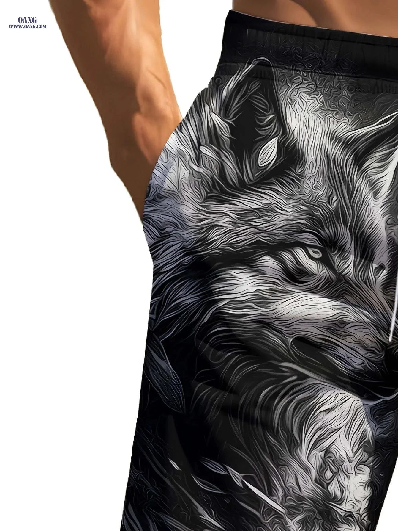 Men's Summer Beach Shorts - Fierce Wolf Head Print, Casual Style