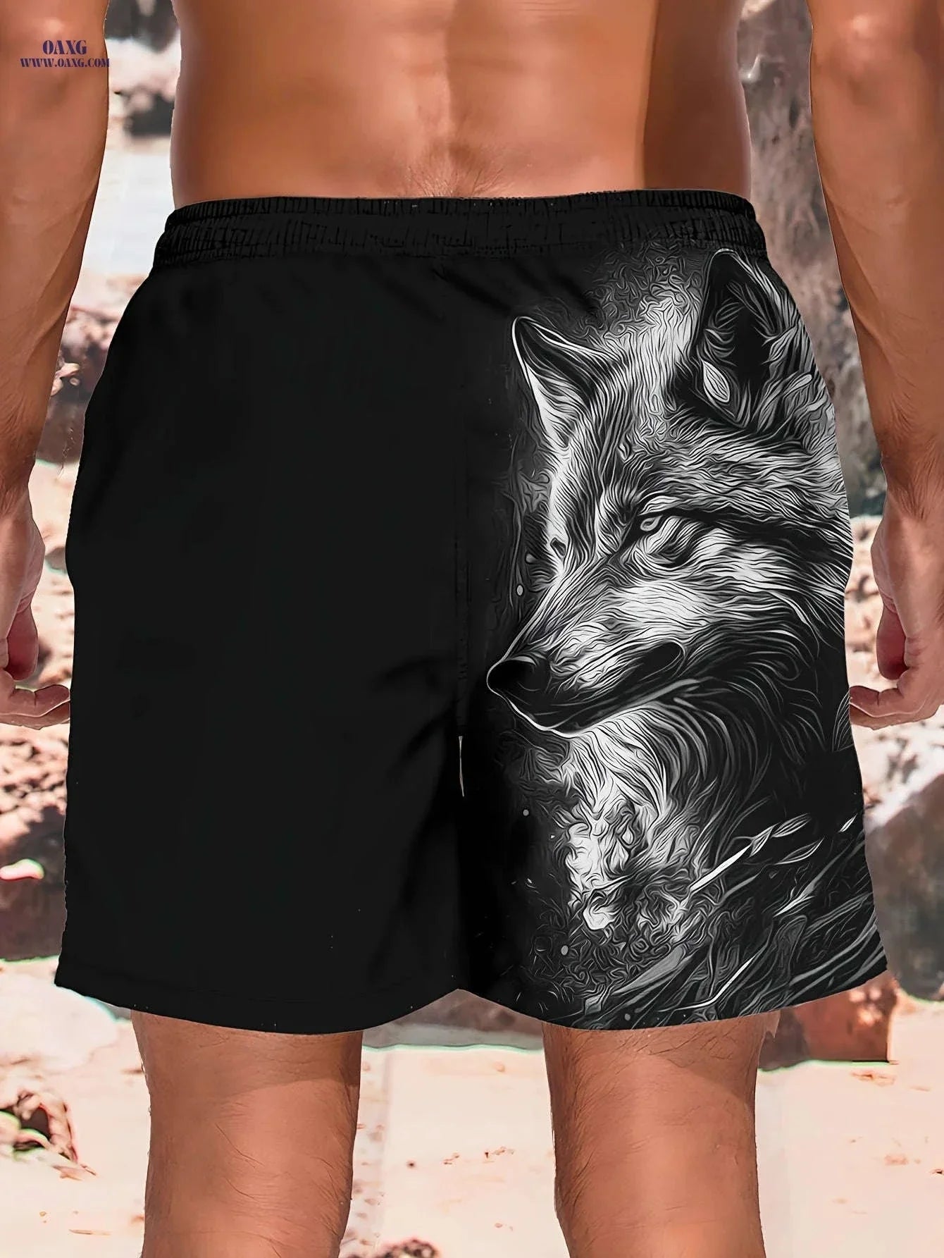 Men's Summer Beach Shorts - Fierce Wolf Head Print, Casual Style