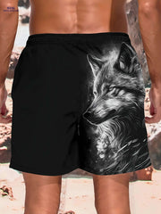 Men's Summer Beach Shorts - Fierce Wolf Head Print, Casual Style