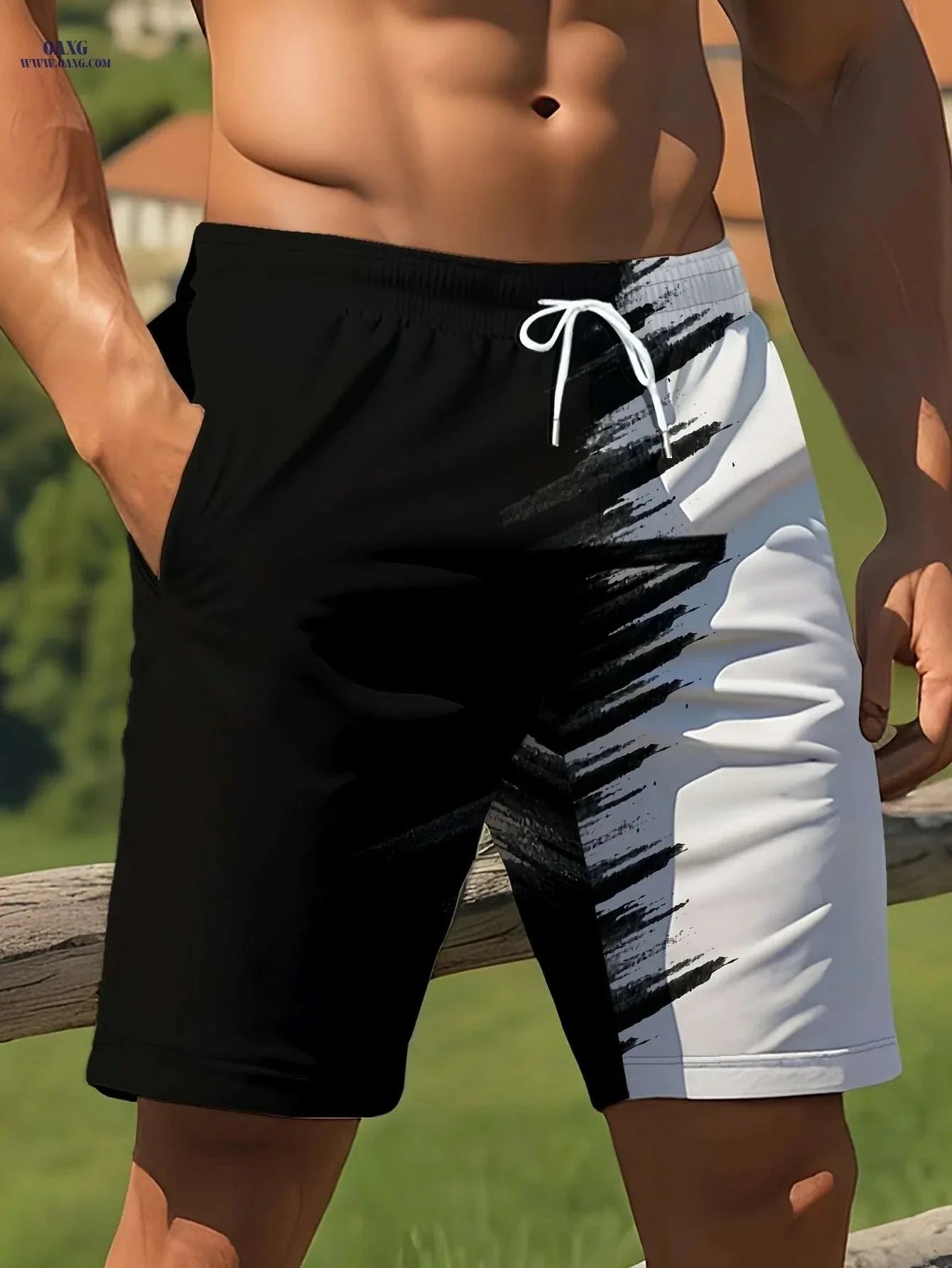 Men's Summer Beach Shorts - Light Quick-Dry, Black & White Print
