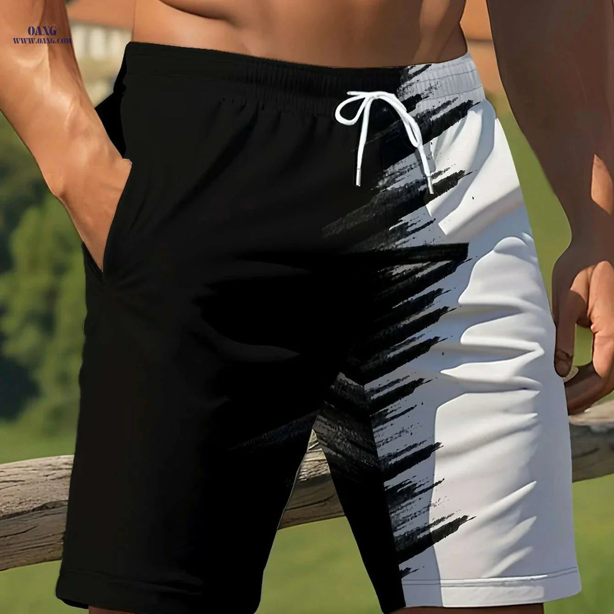 Men's Summer Beach Shorts - Light Quick-Dry, Black & White Print