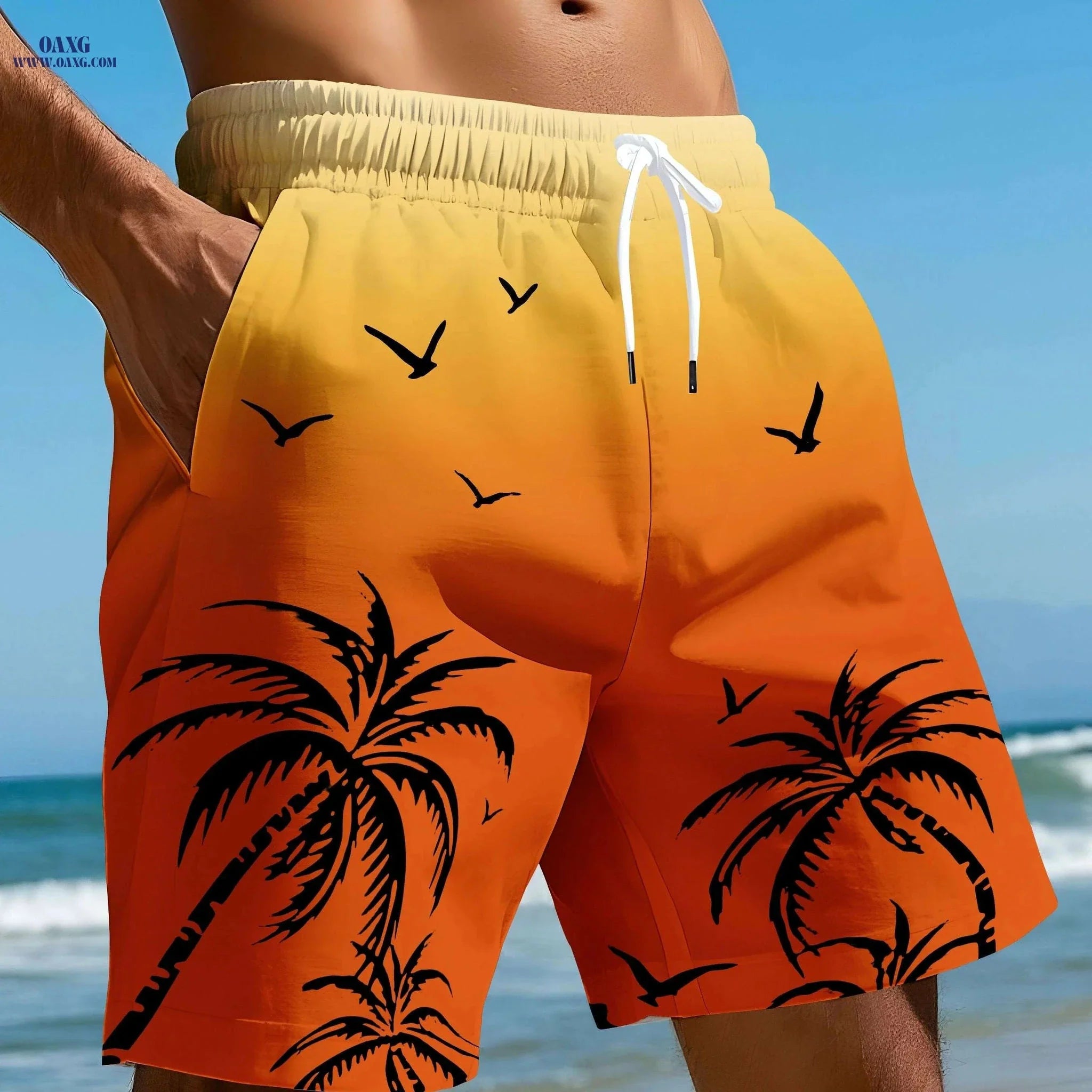 Men's Tropical Palm Surf Print Swim Shorts - Quick-Dry Casual Swimwear
