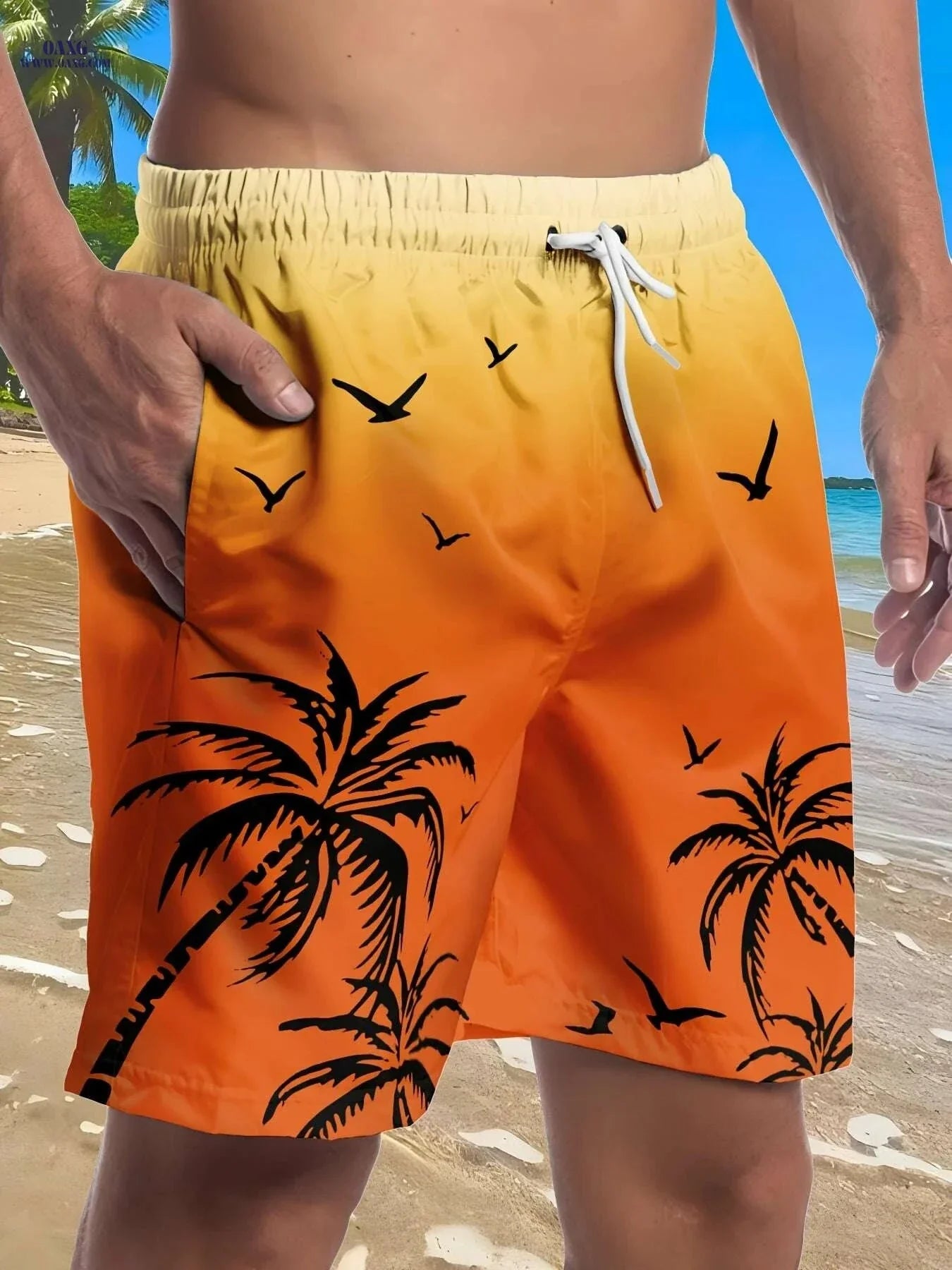 Men's Tropical Palm Surf Print Swim Shorts - Quick-Dry Casual Swimwear