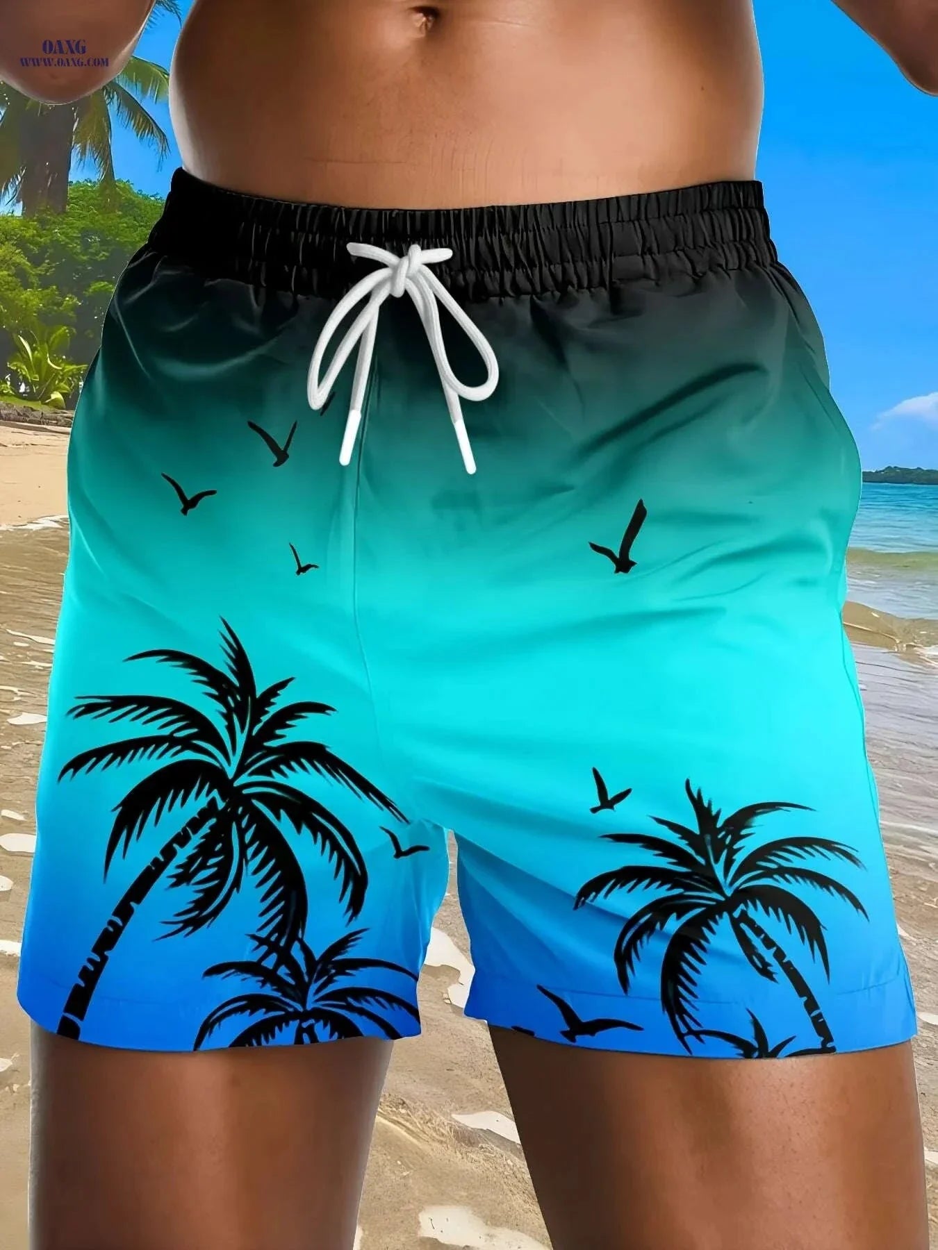 Men's Tropical Palm Surf Print Swim Shorts - Quick-Dry Casual Swimwear
