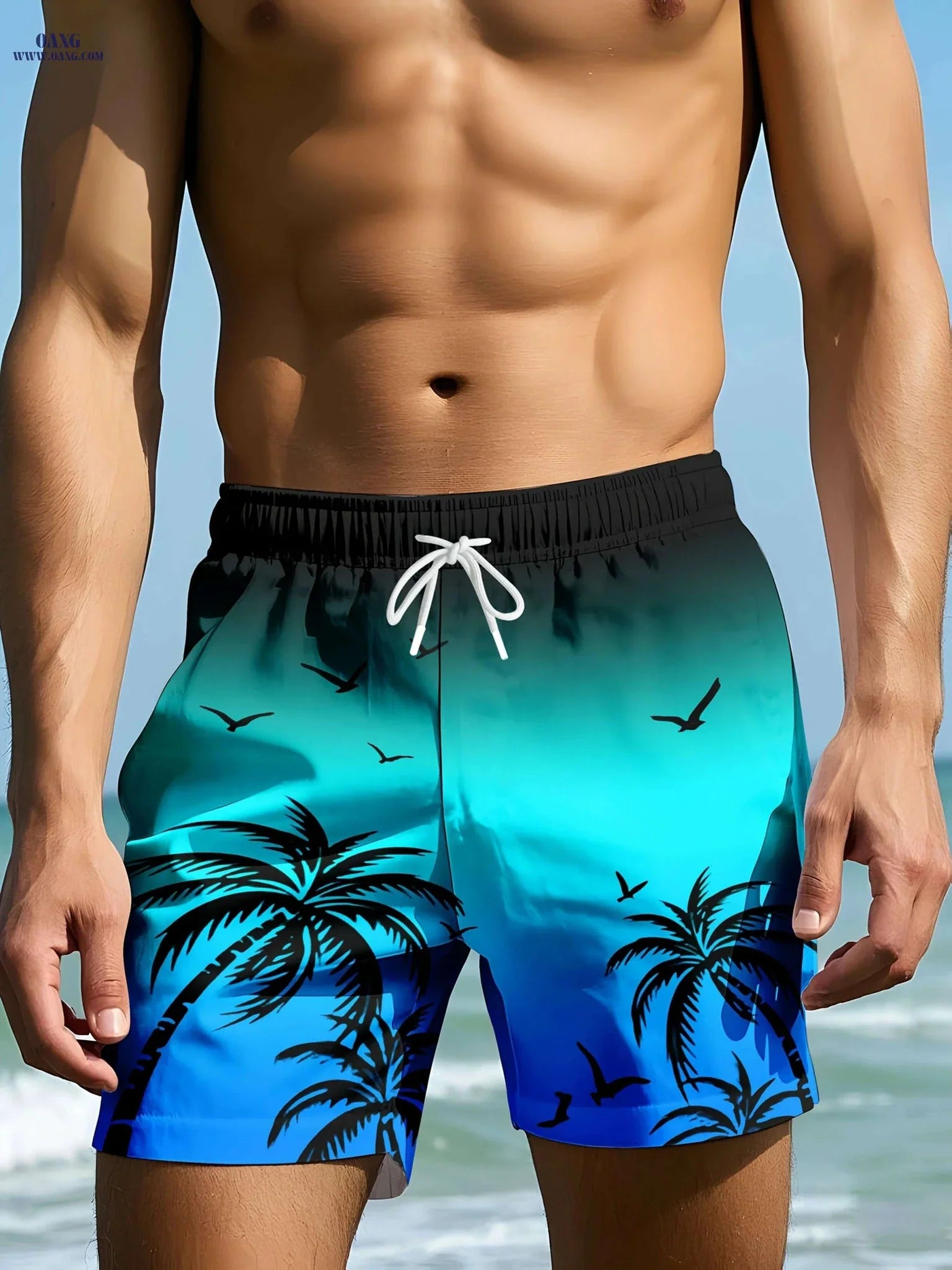 Men's Tropical Palm Surf Print Swim Shorts - Quick-Dry Casual Swimwear