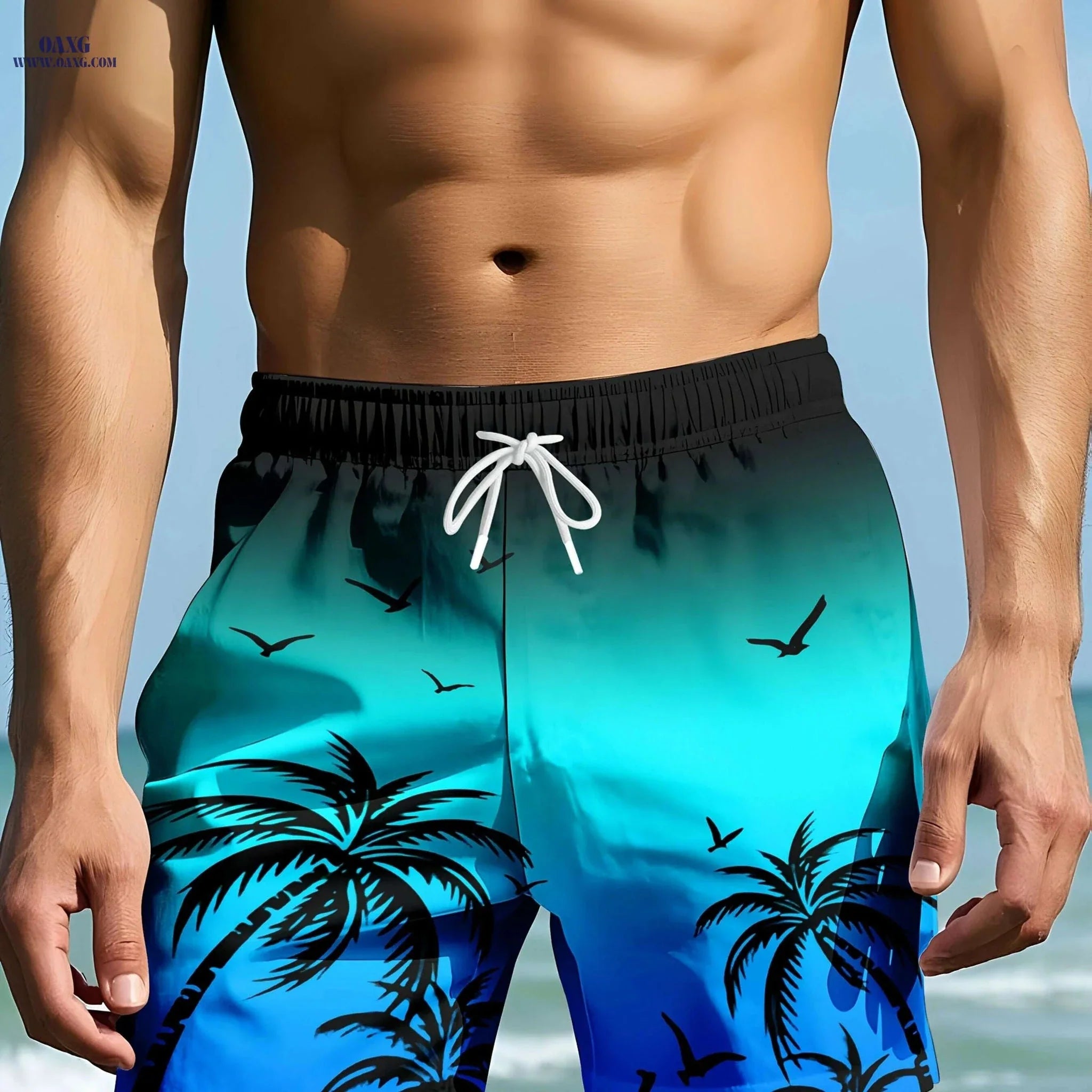 Men's Tropical Palm Surf Print Swim Shorts - Quick-Dry Casual Swimwear