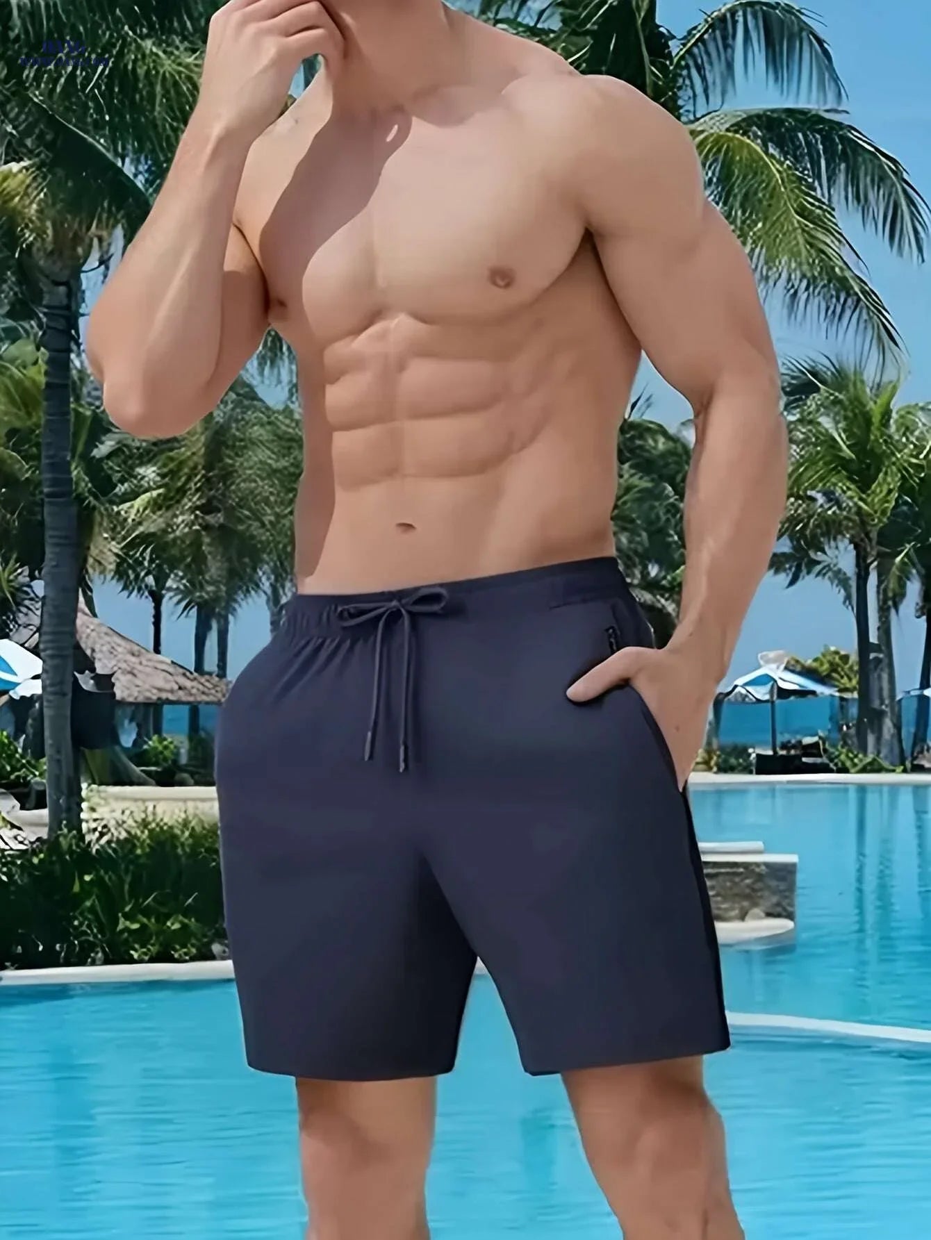 Men's Navy Blue Summer Shorts - Loose-Fit, Elastic Waist Drawstring