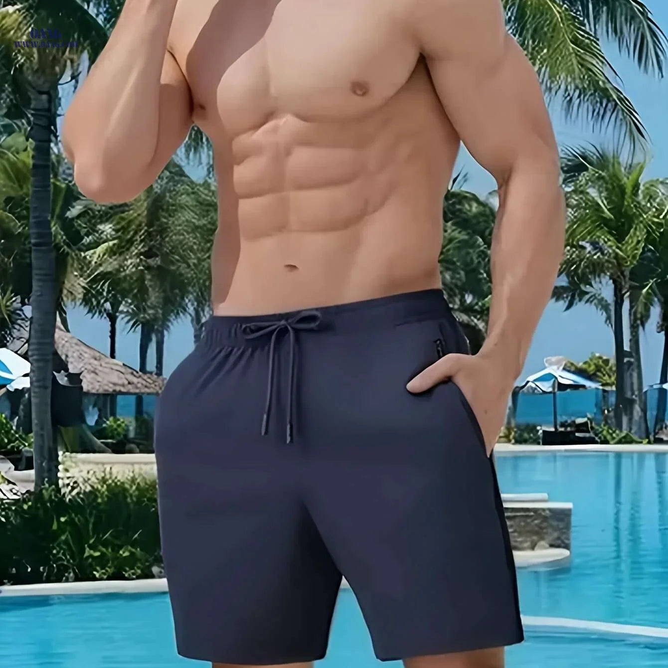 Men's Navy Blue Summer Shorts - Loose-Fit, Elastic Waist Drawstring