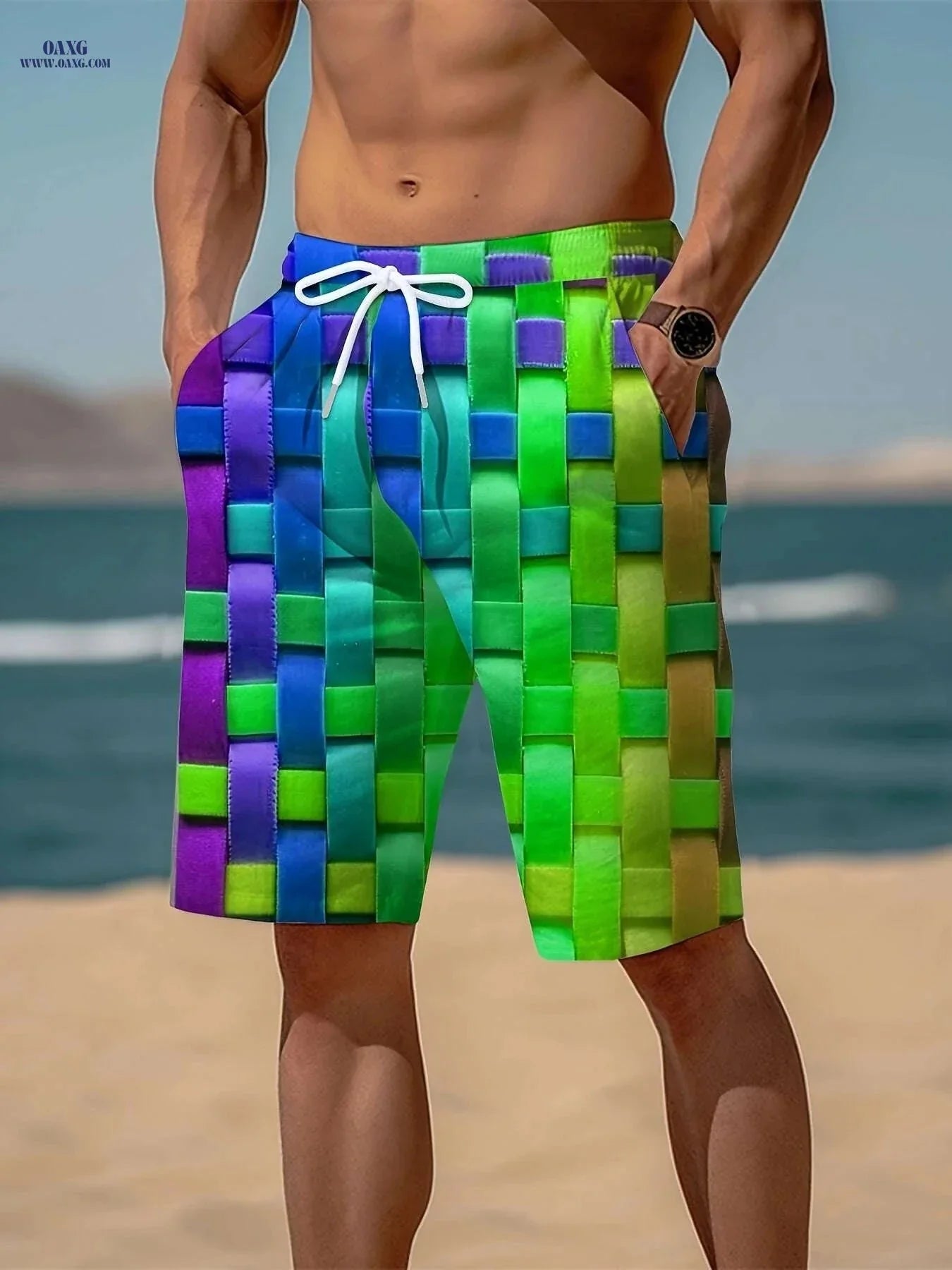 Mens Vibrant Plaid Drawstring Shorts - Breathable Summer Comfort