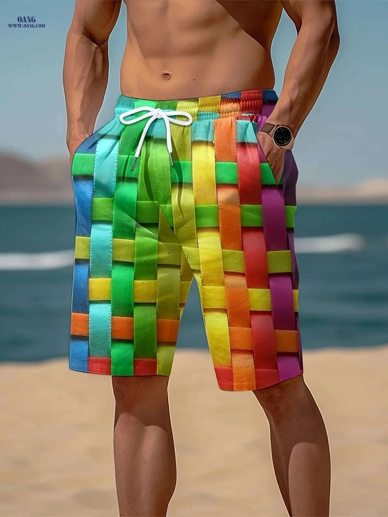 Mens Vibrant Plaid Drawstring Shorts - Breathable Summer Comfort
