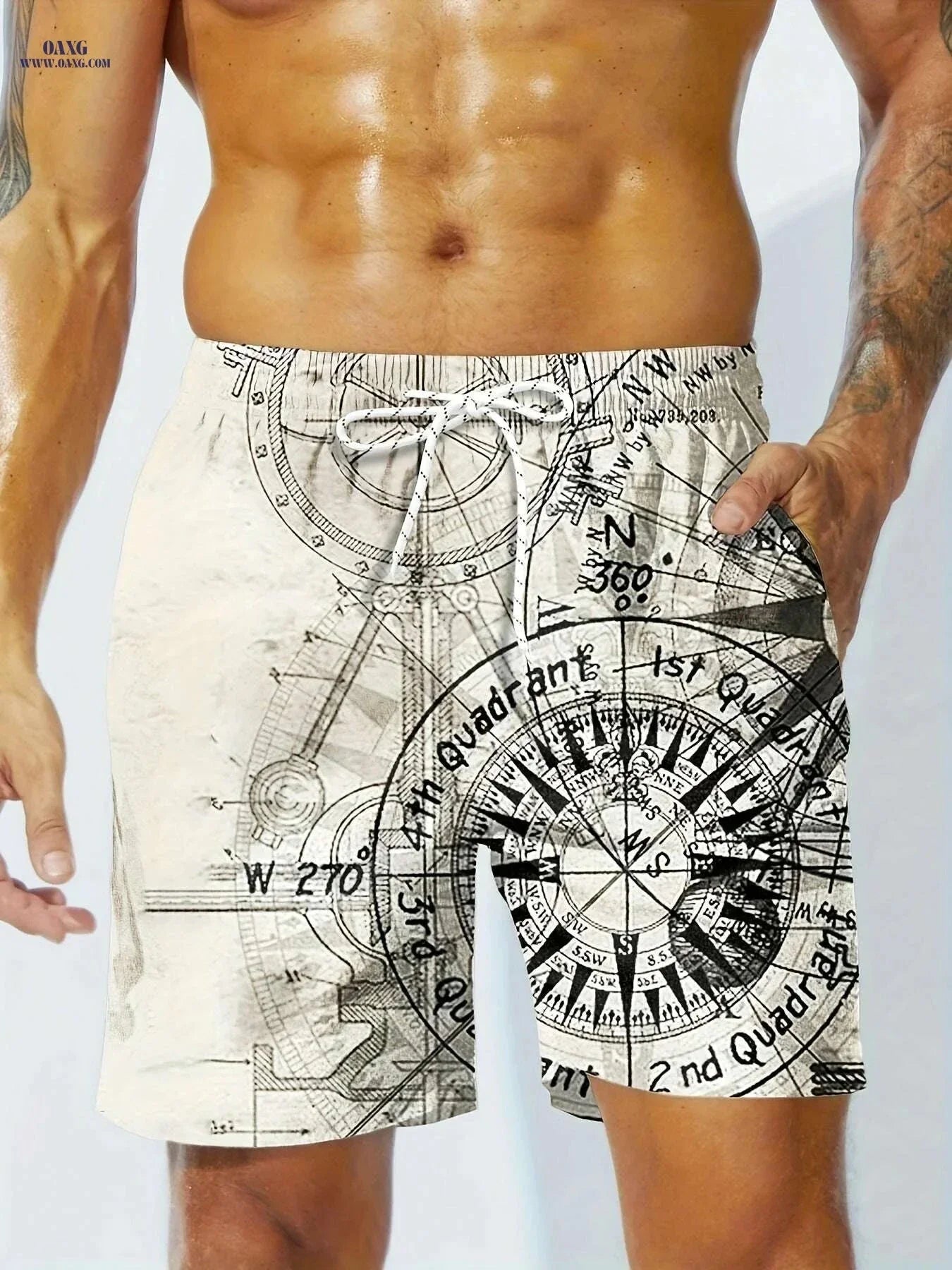 Quick-Dry Men's Swim Trunks - Nautical Compass Print, Woven Beachwear