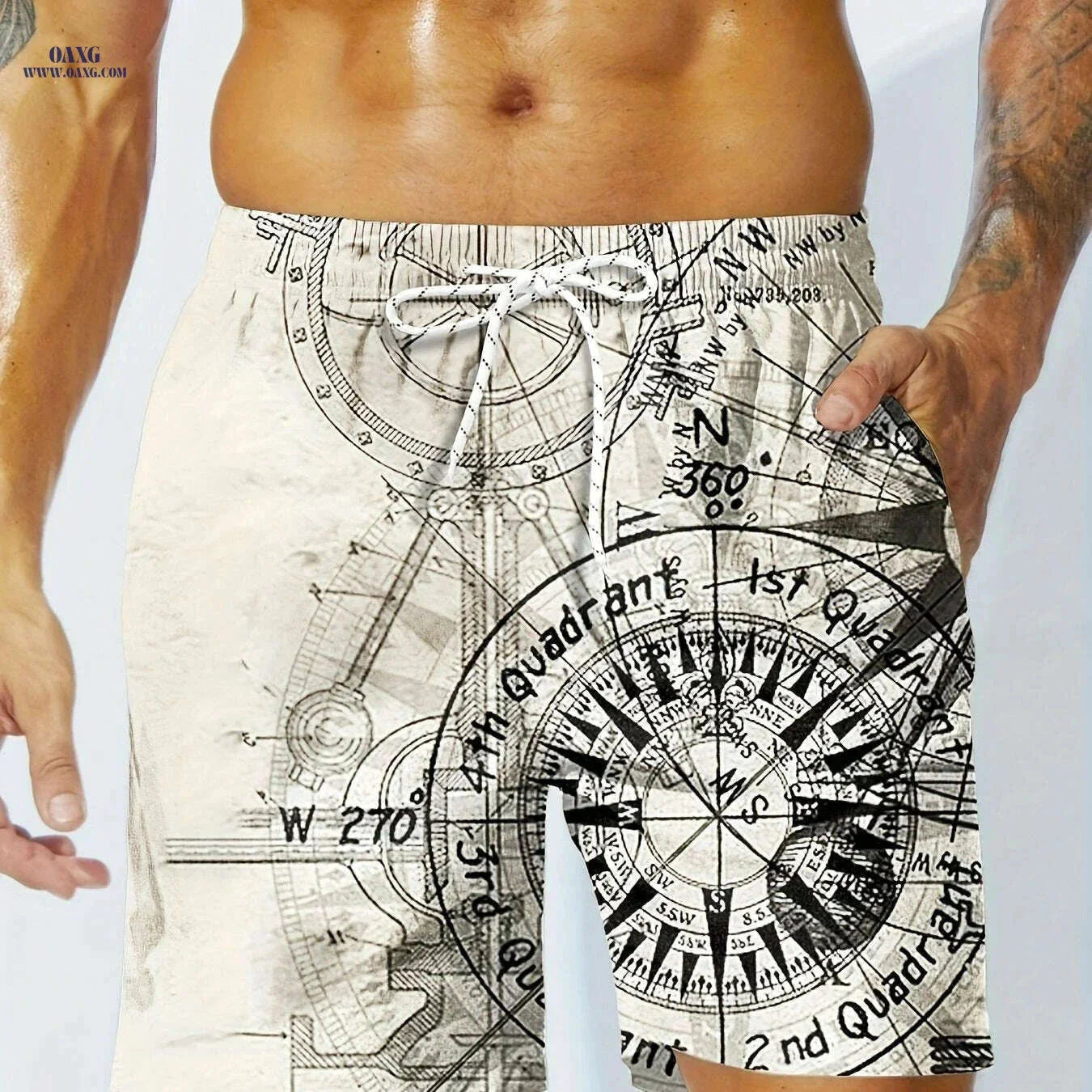 Quick-Dry Men's Swim Trunks - Nautical Compass Print, Woven Beachwear