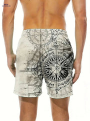 Quick-Dry Men's Swim Trunks - Nautical Compass Print, Woven Beachwear