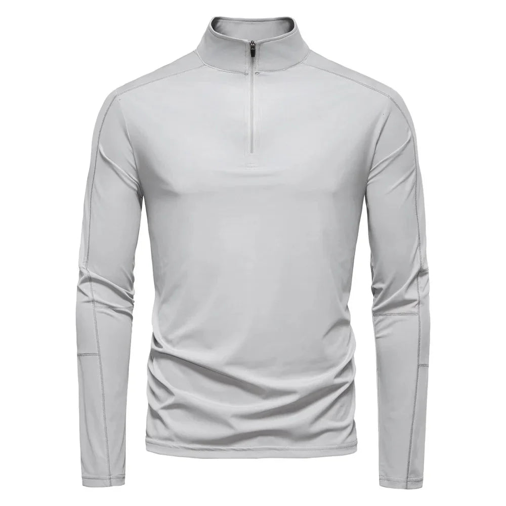 Spring Summer New Men's Solid Blank Turtleneck Collar Long Sleeve Half Zipper Anti-Pilling Base Shirt UV Protection