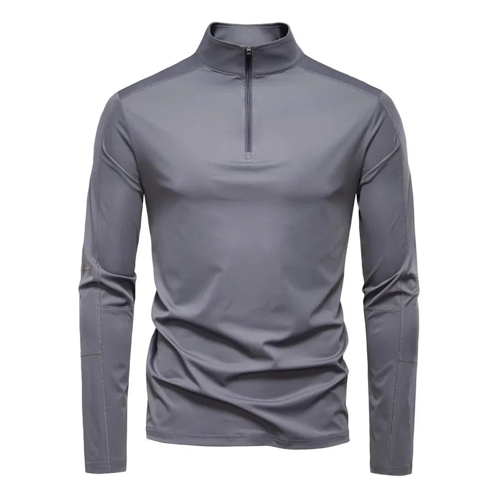 Spring Summer New Men's Solid Blank Turtleneck Collar Long Sleeve Half Zipper Anti-Pilling Base Shirt UV Protection