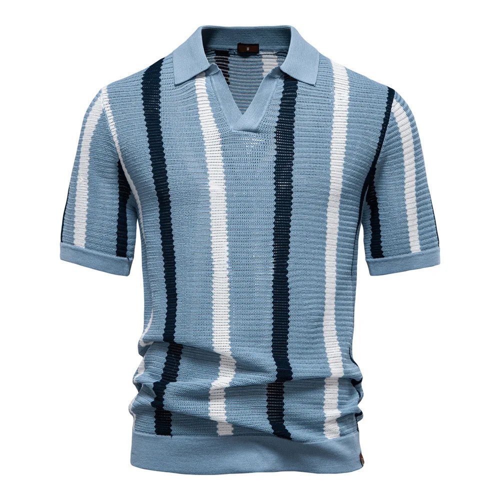 Summer New Breathable Hollow Men's Short-sleeved Jersey 100% Cotton Striped Knitted for Sweater