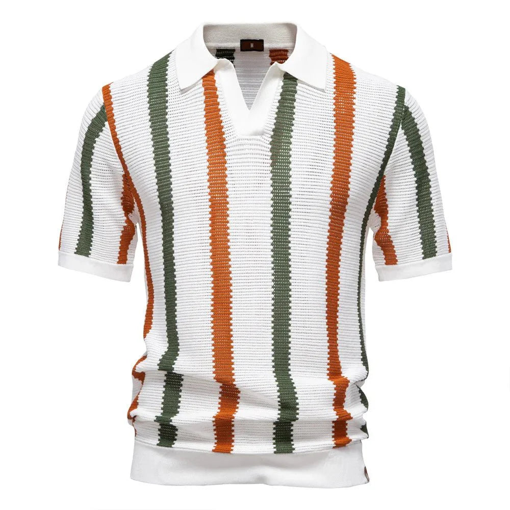 Summer New Breathable Hollow Men's Short-sleeved Jersey 100% Cotton Striped Knitted for Sweater
