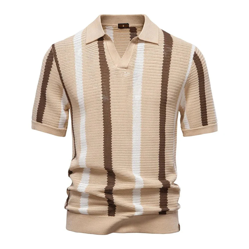 Summer New Breathable Hollow Men's Short-sleeved Jersey 100% Cotton Striped Knitted for Sweater
