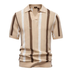 Summer New Breathable Hollow Men's Short-sleeved Jersey 100% Cotton Striped Knitted for Sweater