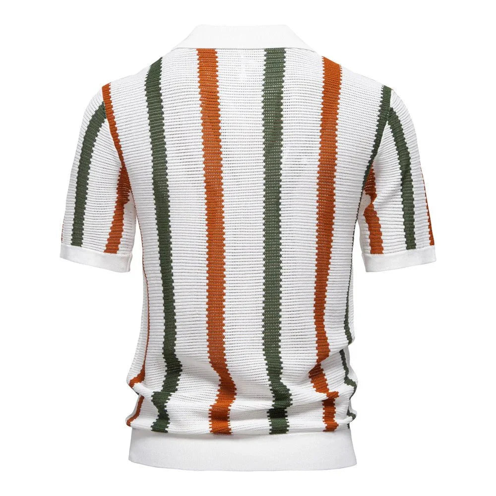 Summer New Breathable Hollow Men's Short-sleeved Jersey 100% Cotton Striped Knitted for Sweater