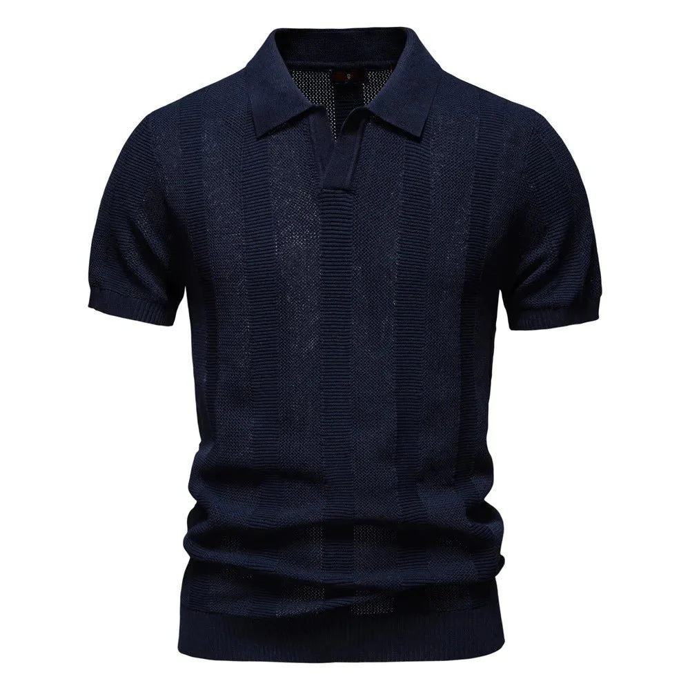 Summer New Men's Jersey Yarn Dyed Solid Hollow Short Sleeve Casual for Shirt