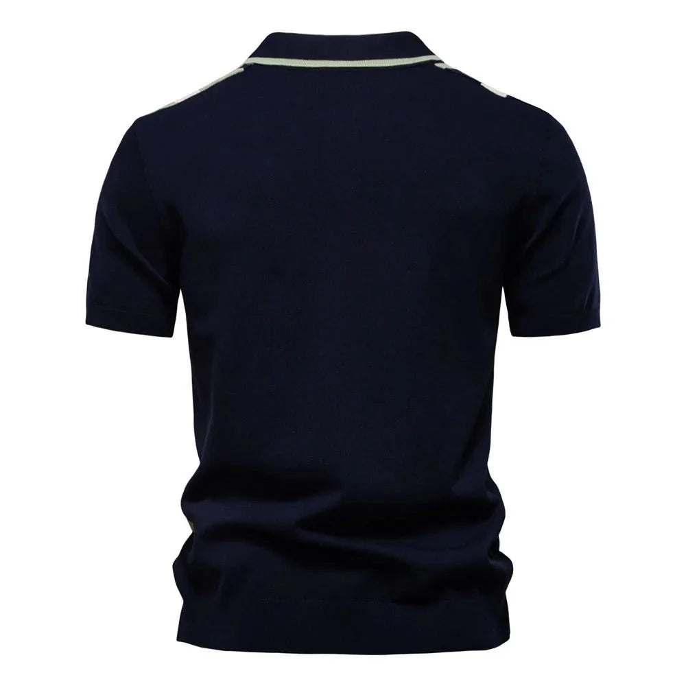 Summer New Men's Lapel Short-sleeved Knitted Canvas Solid for Shirt