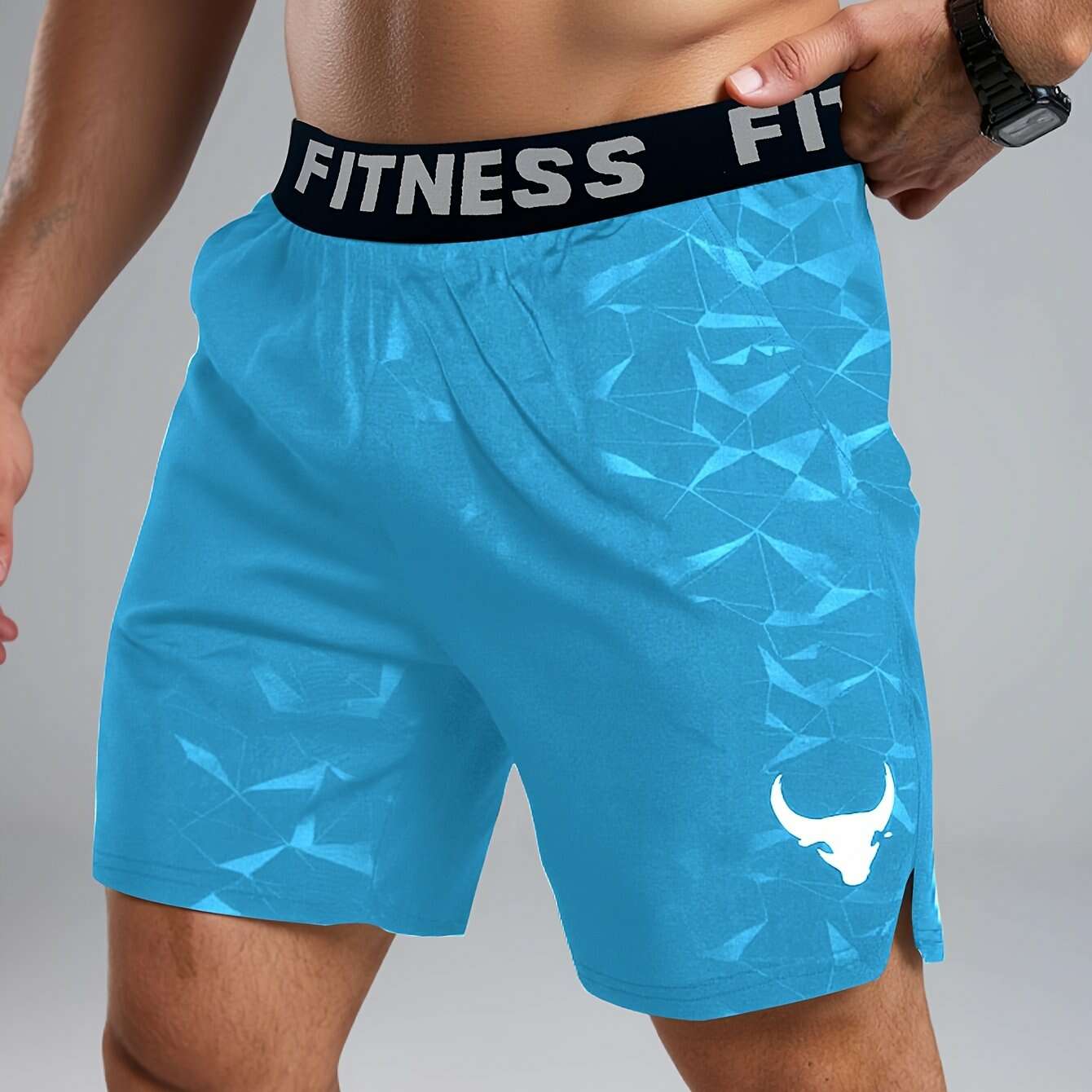 Teal Men's Geometric Fitness Shorts - Elastic Waistband & Pockets