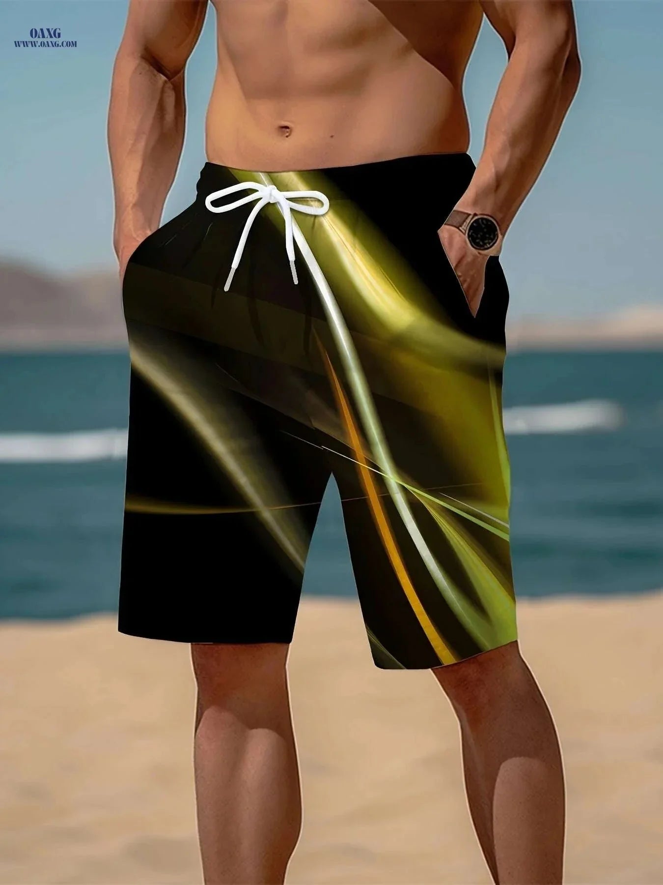 Trendy Men's Geometric Print Active Shorts - Drawstring Beach Style