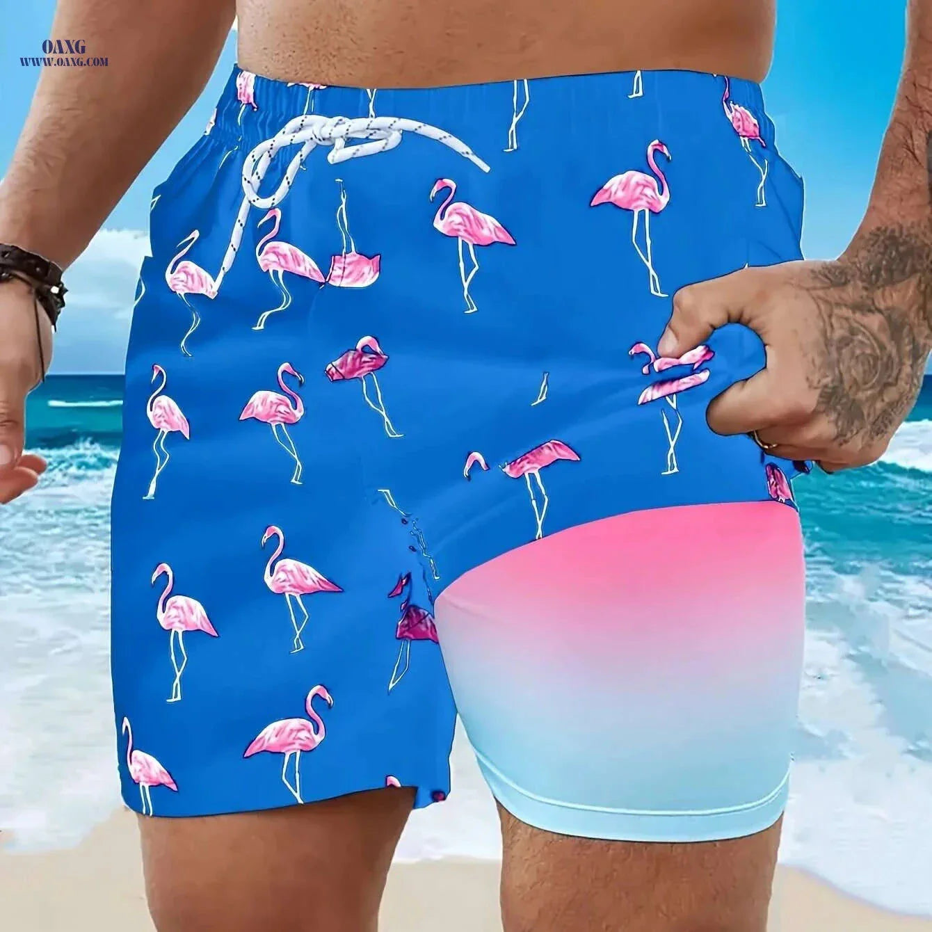 Vibrant Men's Quick-Dry Beach Shorts - Flamingo Print, Casual Summer Style