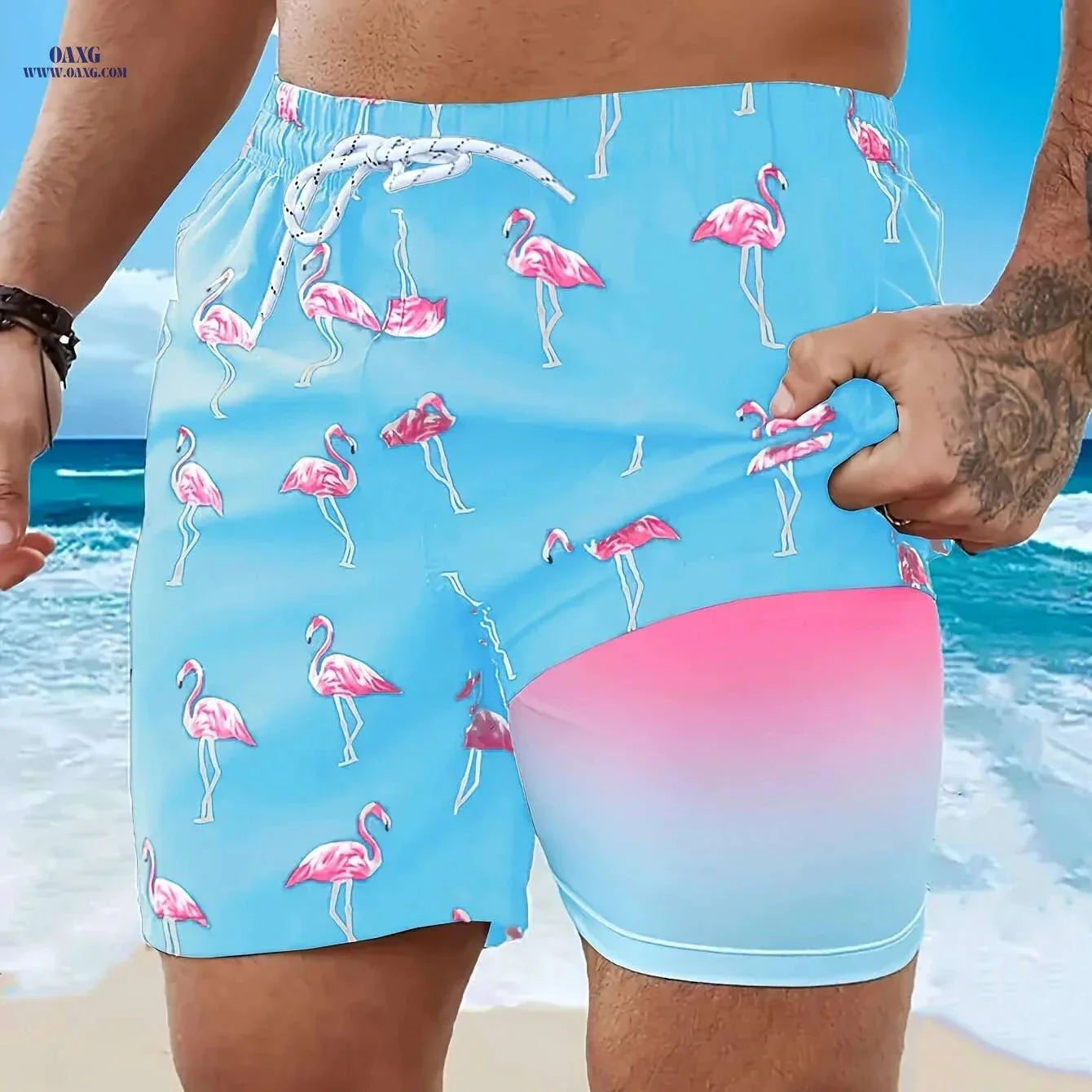 Vibrant Men's Quick-Dry Beach Shorts - Flamingo Print, Casual Summer Style