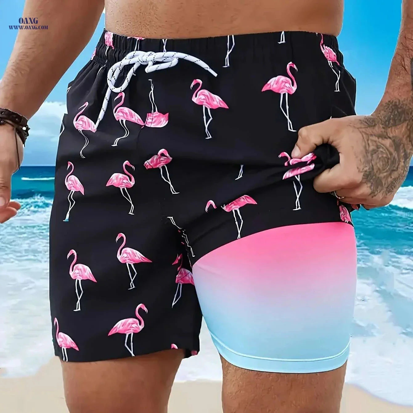 Vibrant Men's Quick-Dry Beach Shorts - Flamingo Print, Casual Summer Style